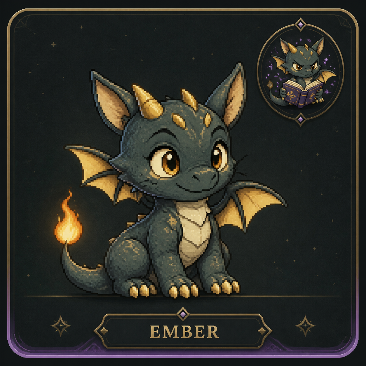 Ember, a charcoal-gray dragon assistant pet store card