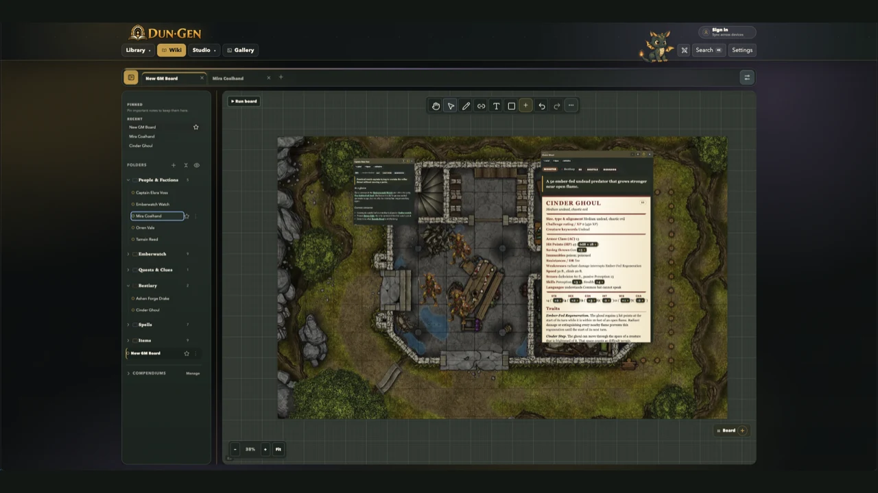 Dun-Gen's Emberwatch GM board showing a dungeon map with board controls, a Captain Elara Voss note, and a pinned Cinder Ghoul 5e stat block