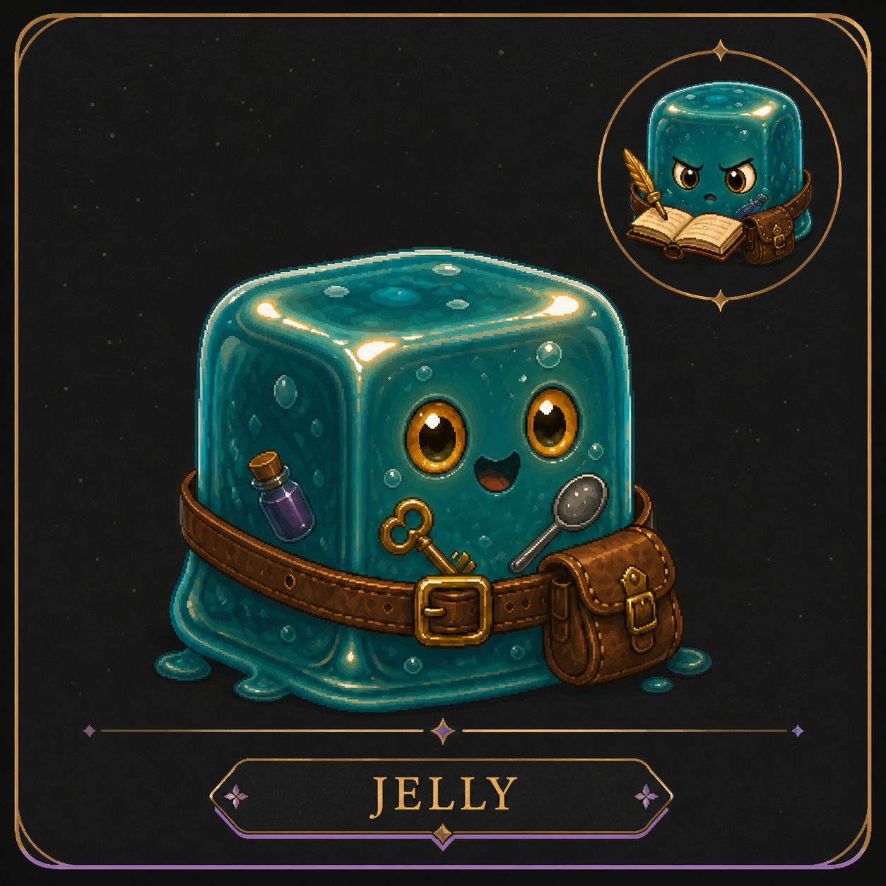 Jelly, a teal jelly assistant pet store card
